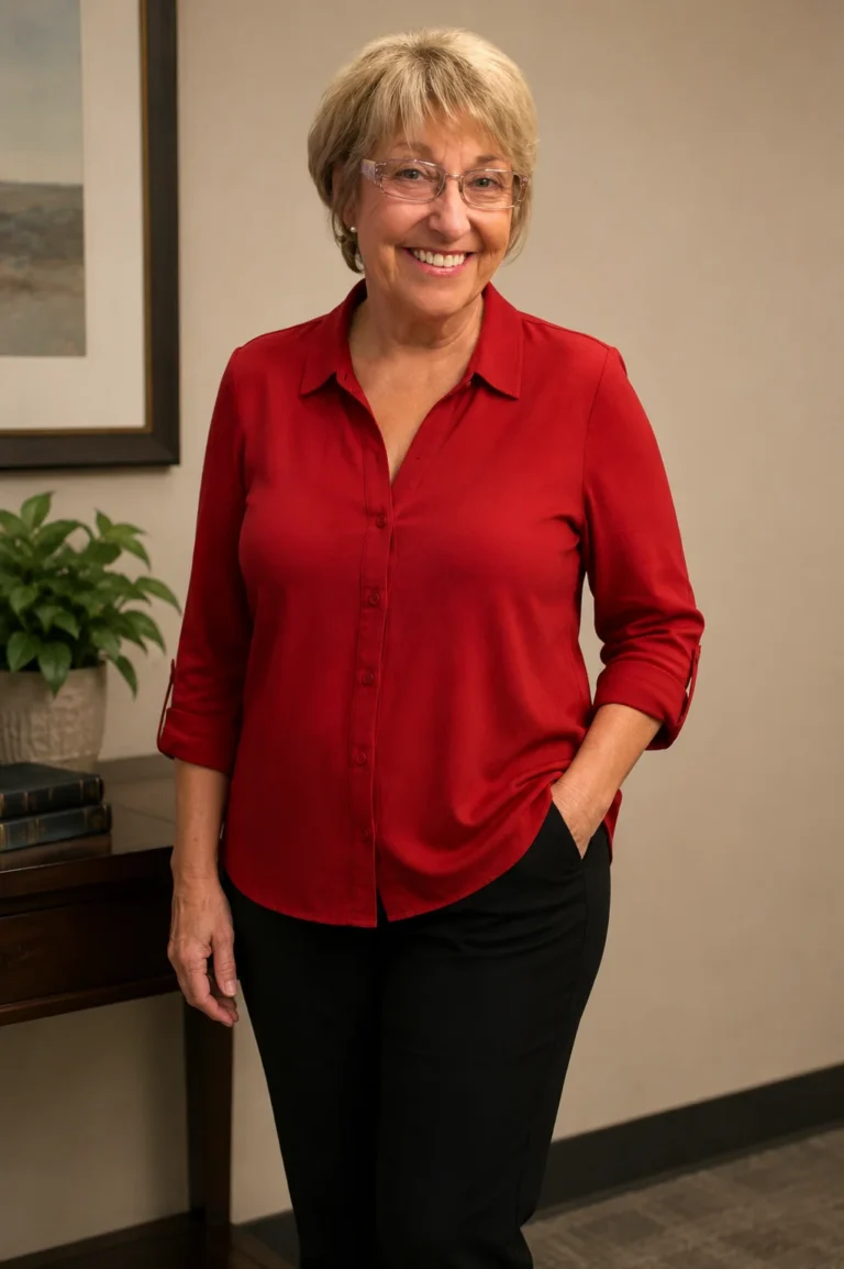 Smiling older woman with short blonde hair wearing glasses, red blouse, and black pants.