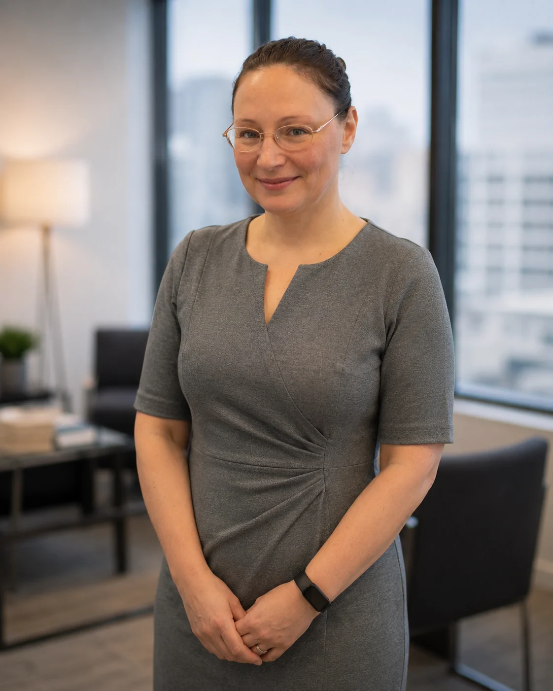 Professional woman in gray dress and glasses standing in modern office with large windows.