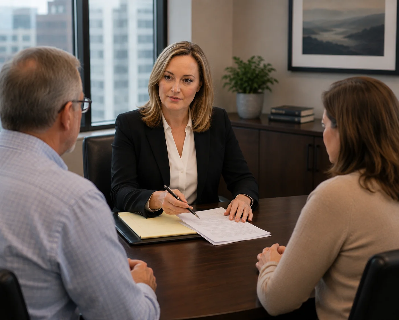 Professional woman in black blazer discussing documents with a middle-aged couple in an office.