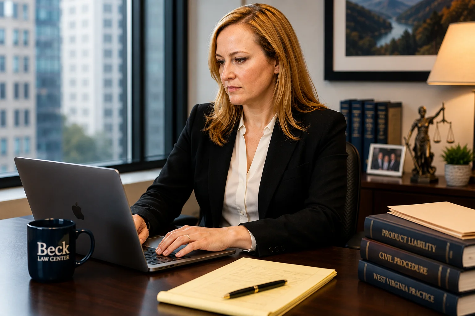 Professional woman in black blazer working on laptop at desk with legal books and Beck Law Center mug.
