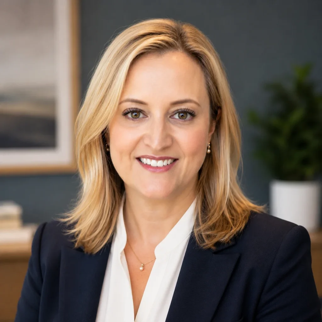 Professional portrait of a smiling blonde woman in a navy blazer and white blouse.