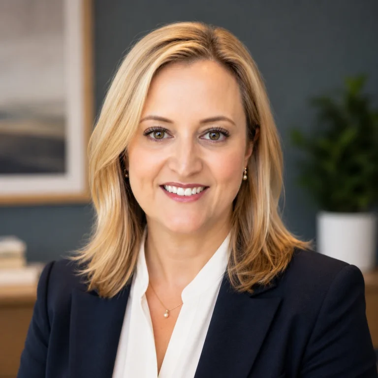 Professional portrait of a smiling blonde woman in a navy blazer and white blouse.