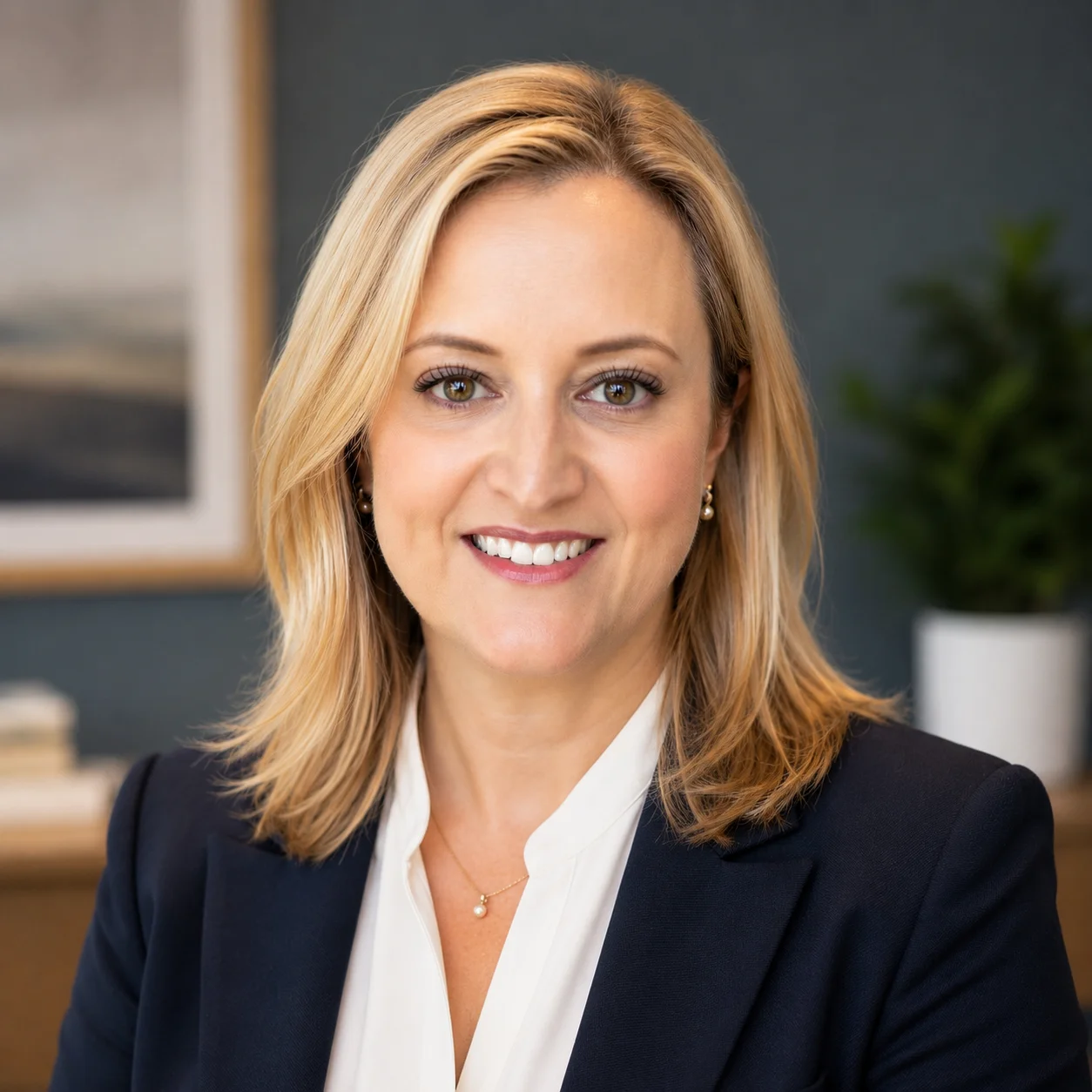 Professional portrait of a smiling blonde woman in a navy blazer and white blouse.