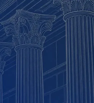 Detailed blue architectural illustration of classical Corinthian columns with ornate capitals.