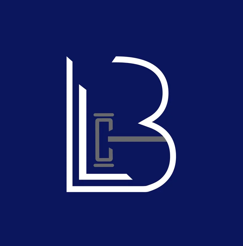 Stylized white and gray abstract logo combining letters L, B, and C on dark blue background.