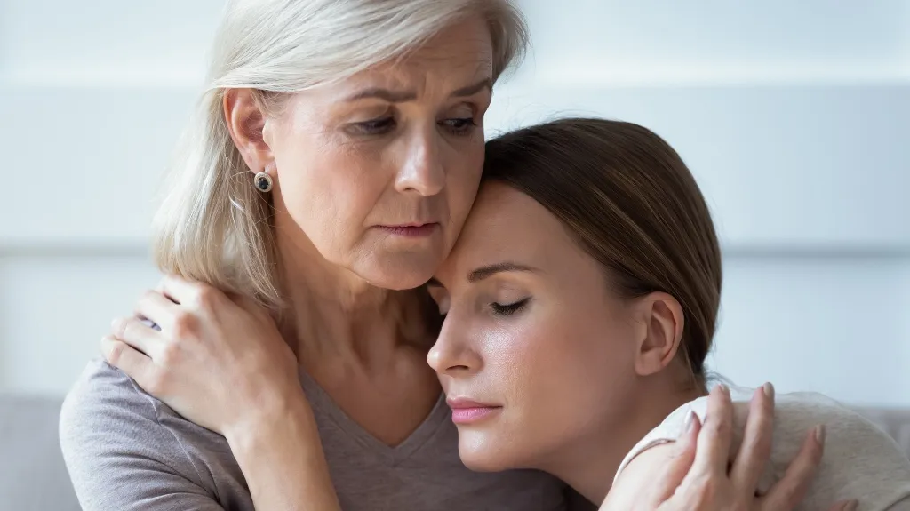 Middle-aged woman comforting younger woman with closed eyes in a close embrace.