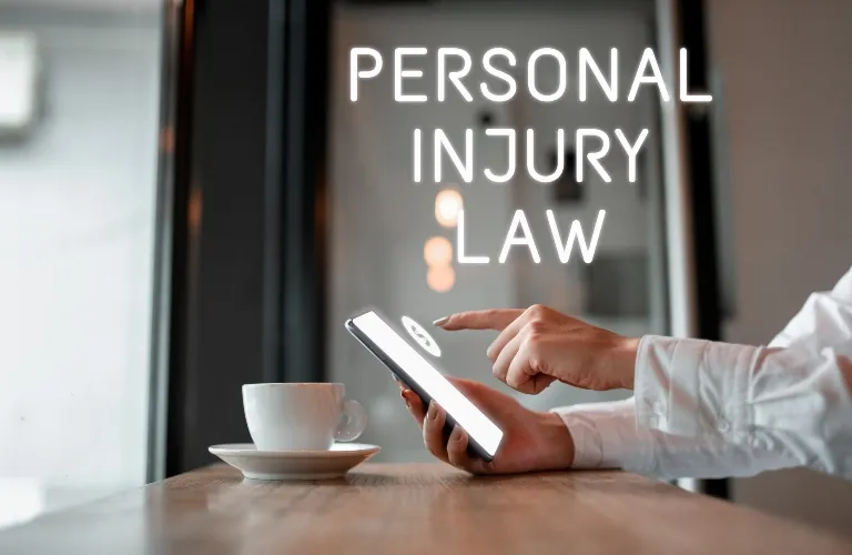 Person in white shirt using tablet at wooden table with coffee cup, text "Personal Injury Law" above.