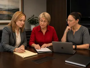 Three professional women engaged in discussion around a conference table with laptop and notebooks.