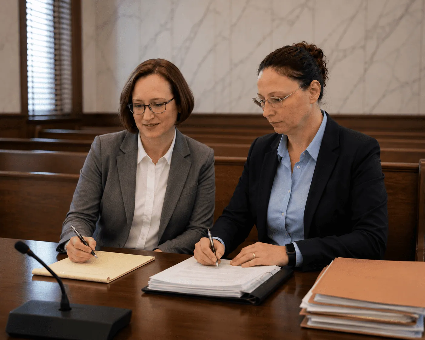 Two professional women in suits seated at a wooden table, reviewing and writing on legal documents.