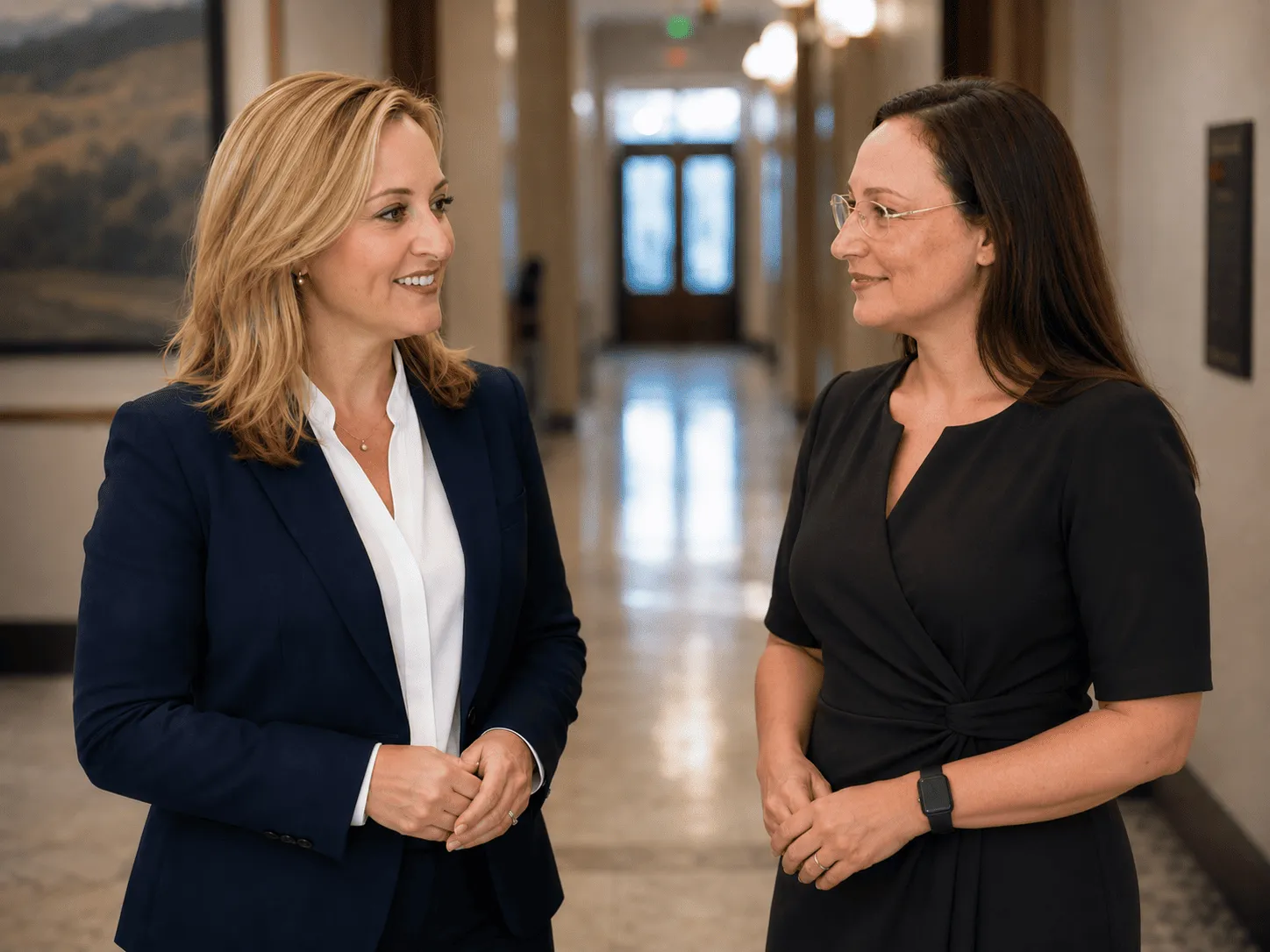 Two professional women engaged in conversation in a well-lit hallway with marble floors.