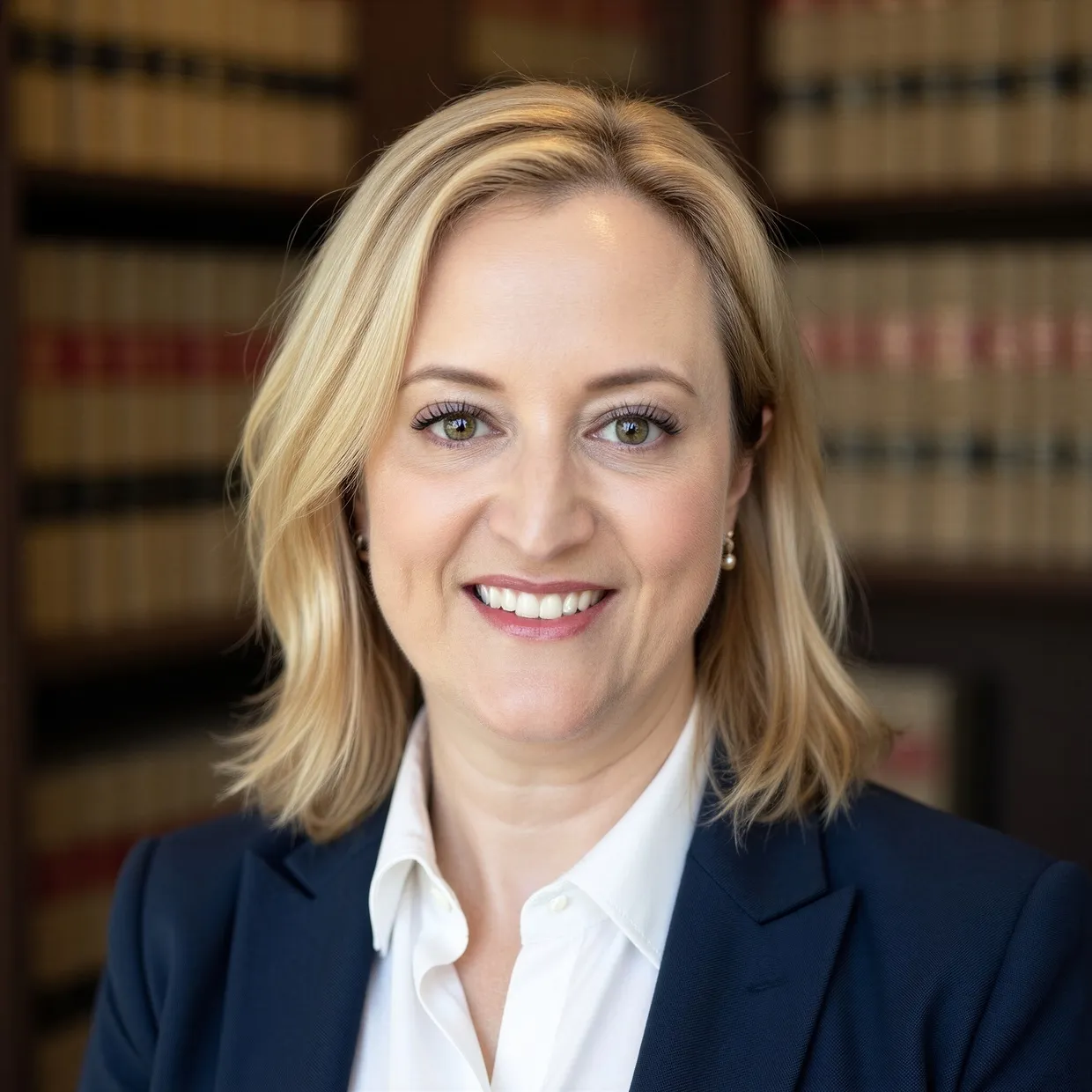 Professional portrait of a smiling blonde woman in a navy blazer with law books in the background.