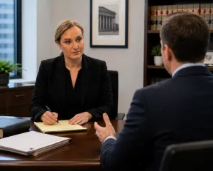 Two professionals engaged in a discussion at an office desk with legal books in the background.