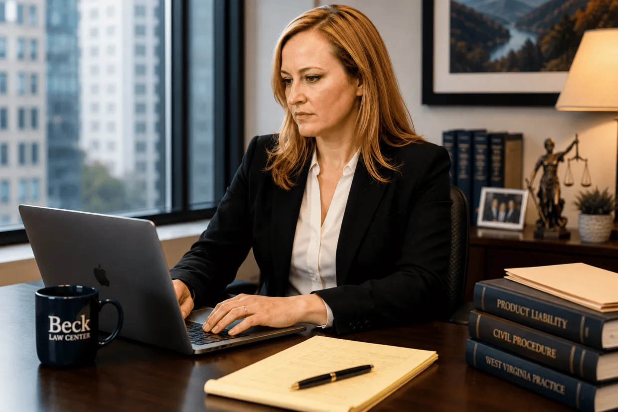 Professional woman in black blazer working on laptop at desk with legal books and Beck Law Center mug.