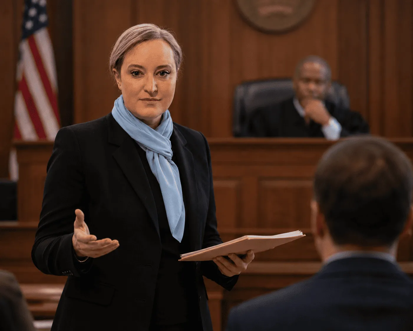 Female attorney in black suit and blue scarf presenting in courtroom with judge and client.