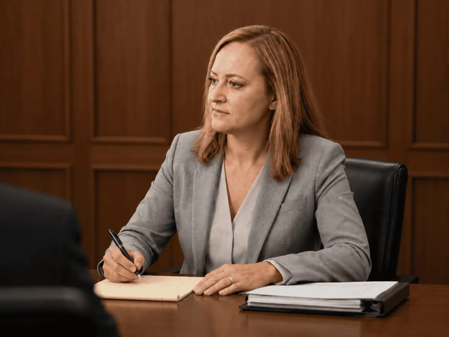 Professional woman in gray blazer writing on notepad at wooden desk with folder.