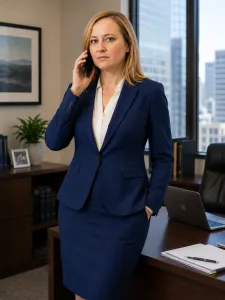 Professional woman in navy suit talking on phone in modern office.
