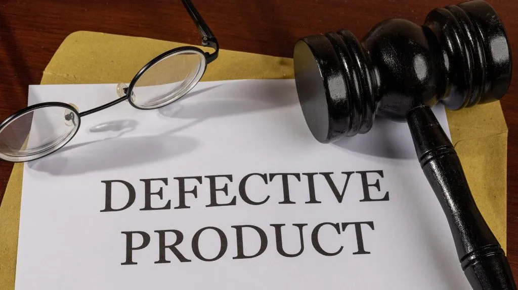 Close-up of a legal document titled "DEFECTIVE PRODUCT" with a judge's gavel and eyeglasses on a wooden surface.