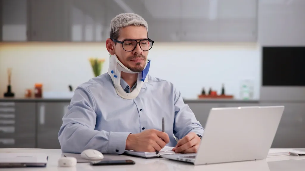Man wearing a neck brace and glasses working on a laptop at a desk in an office.