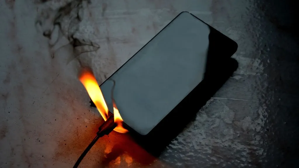Smartphone with a black screen lying on a surface, connected to a charger with a burning flame and smoke.