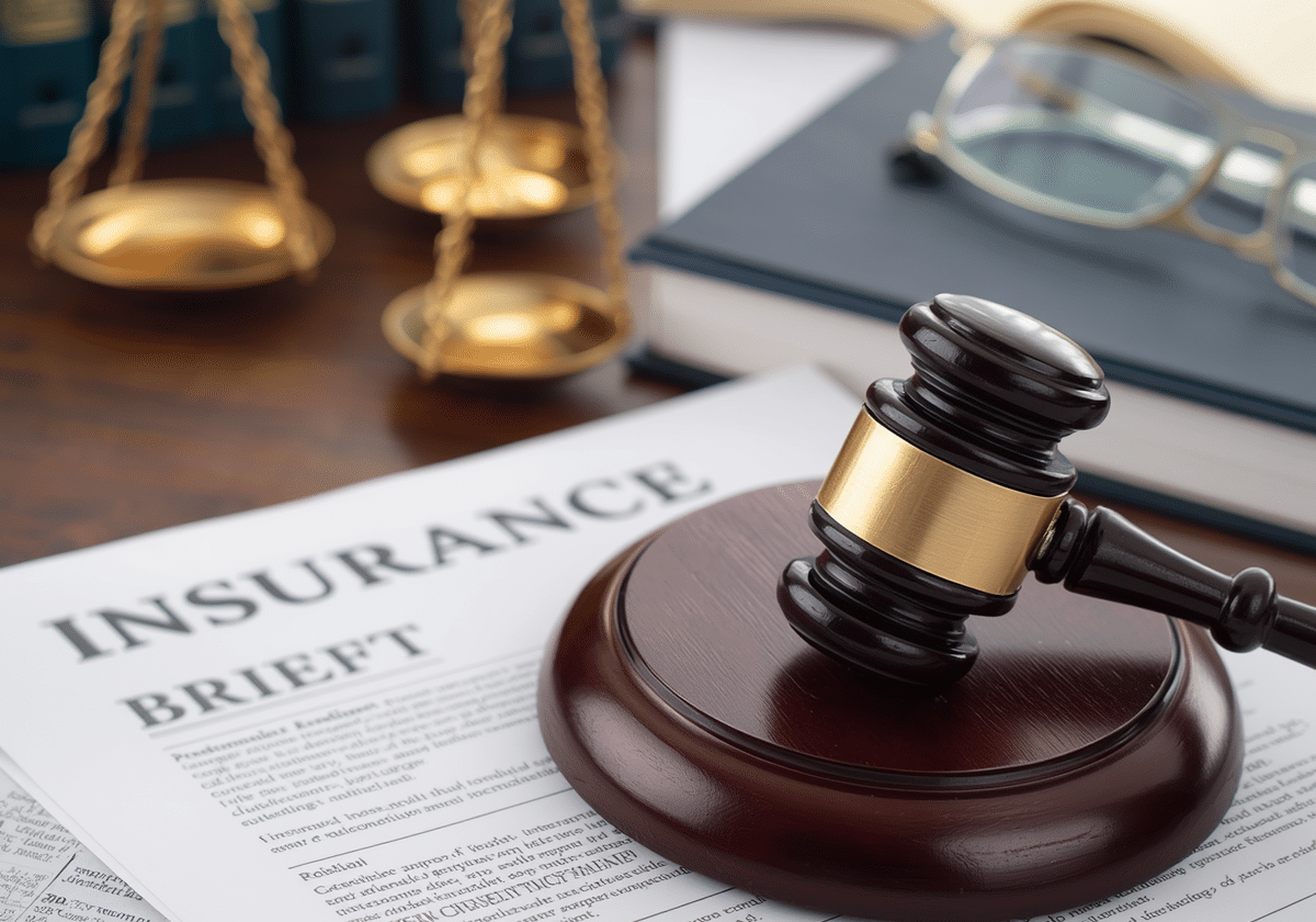 Insurance law case scene showing professional legal setting with insurance documents, legal briefs, and gavel on a desk, professional and formal atmosphere