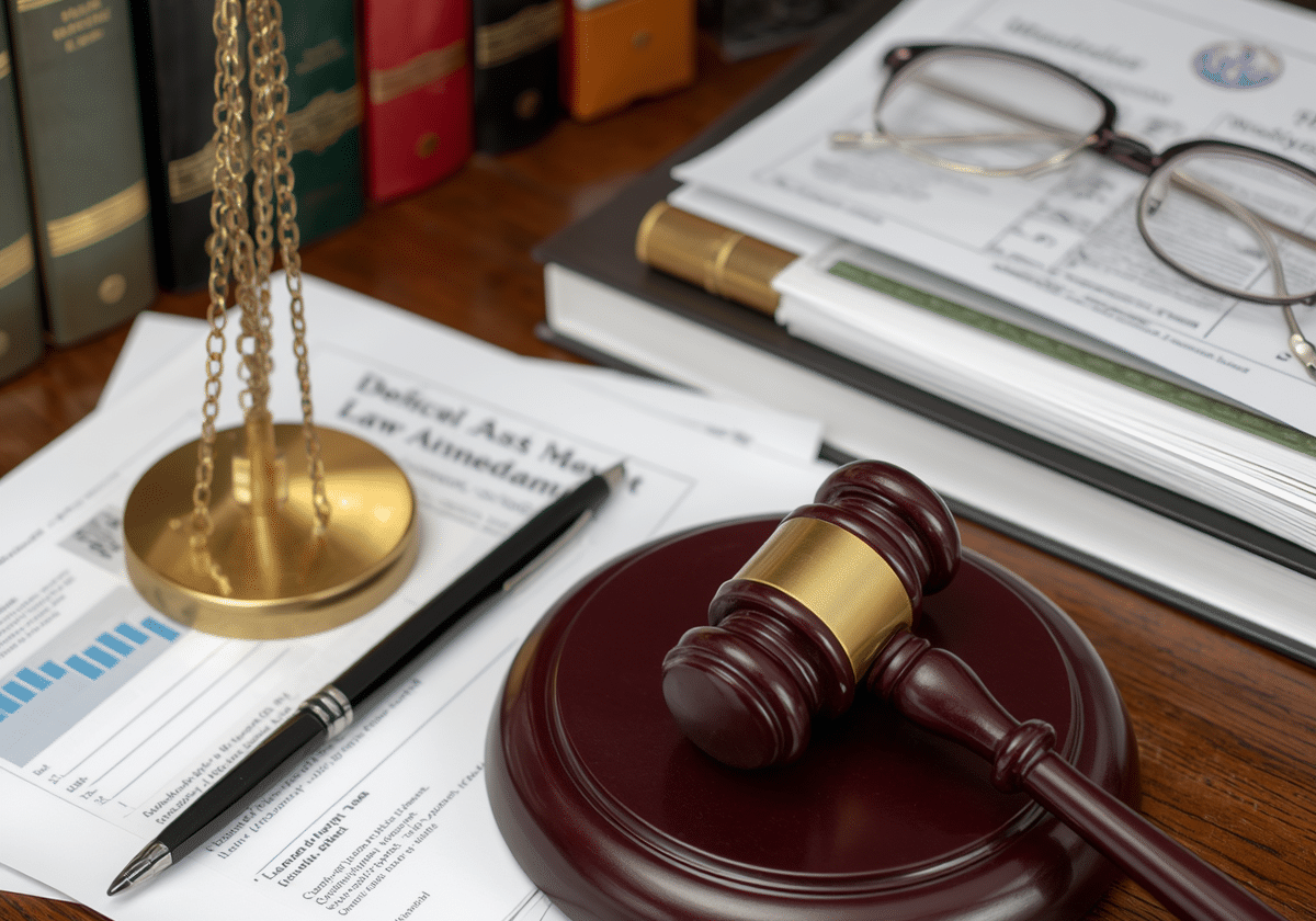 Personal injury case legal scene showing professional legal setting with medical records, injury documentation, legal briefs, and gavel on desk, professional and respectful atmosphere